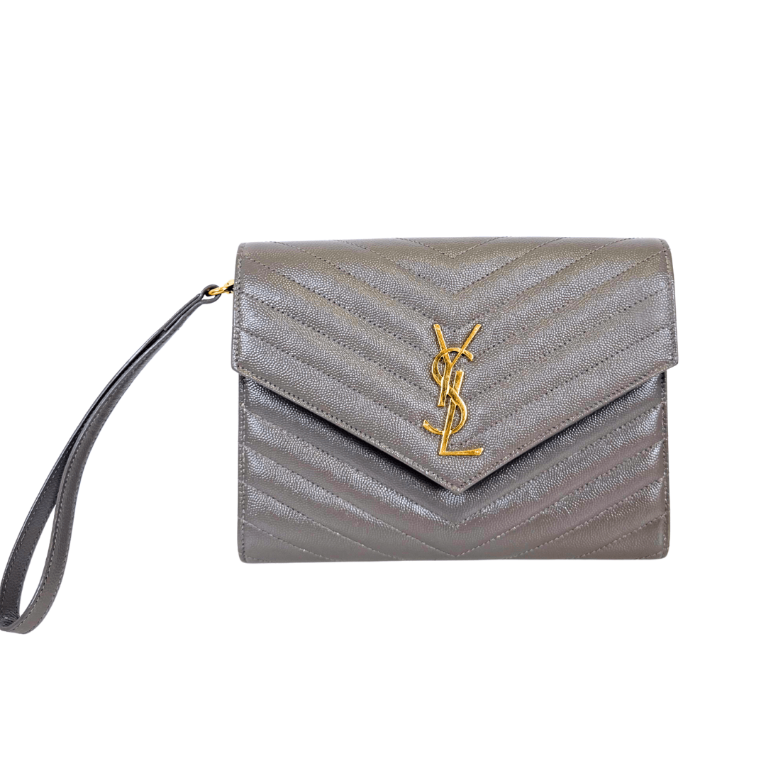 Saint Laurent Grain Leather Cassandre Flap Pouch Wristlet Clutch