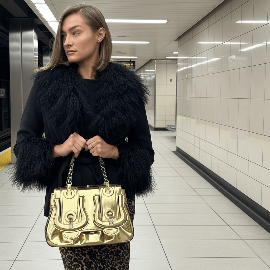 Fendi Gold Patent Leather B Buckle Handbag