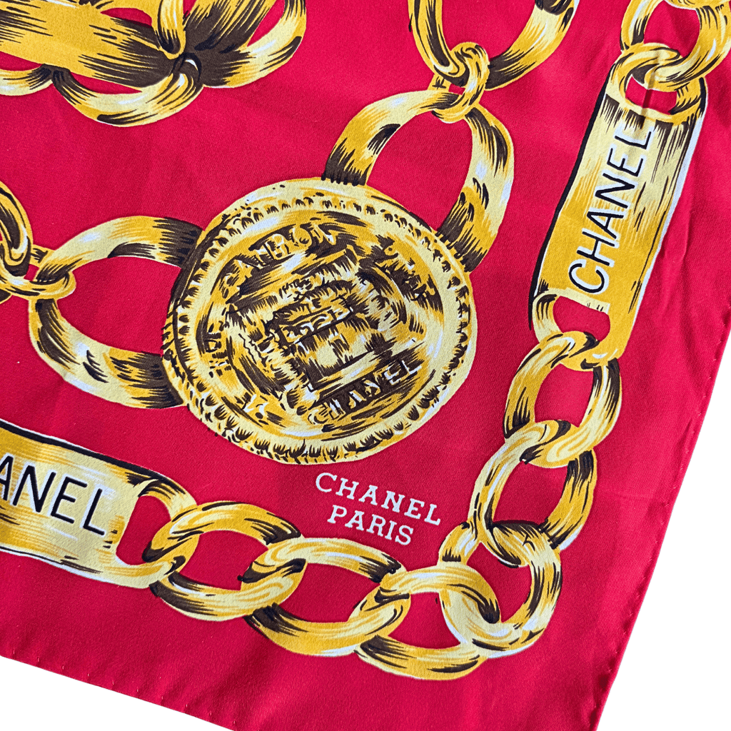 Chanel CC Red & Gold Chain Motif Silk Scarf