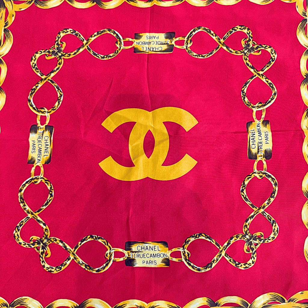 Chanel CC Red & Gold Chain Motif Silk Scarf