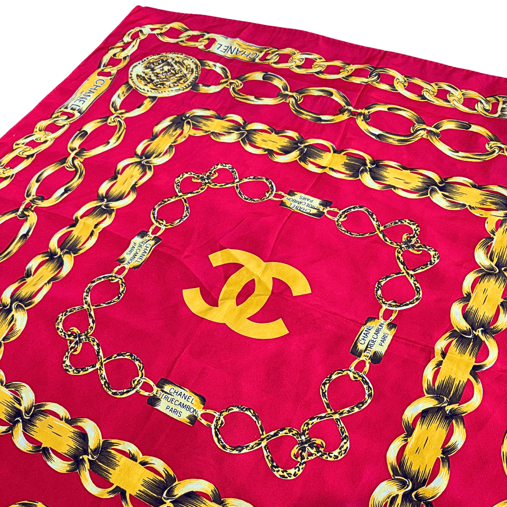 Chanel CC Red & Gold Chain Motif Silk Scarf