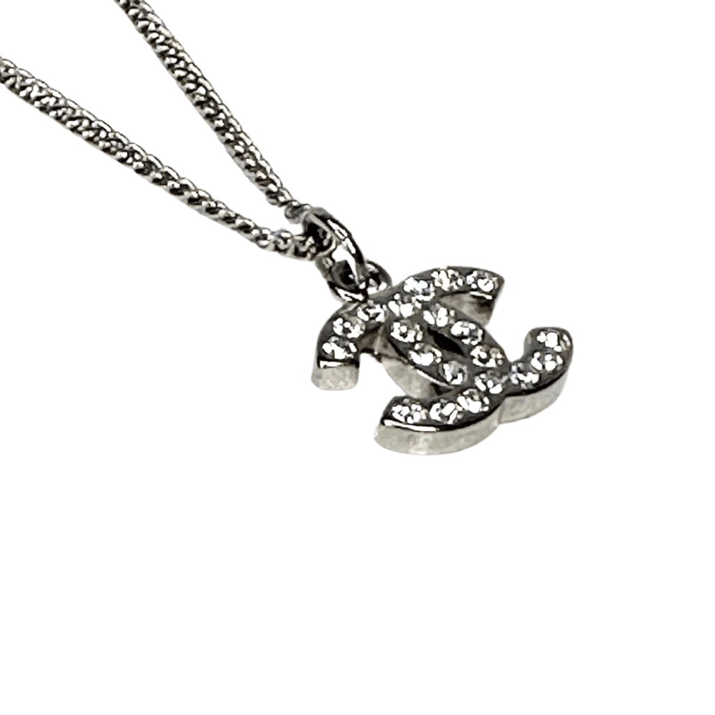 Chanel CC Strass Silver Pendant Necklace