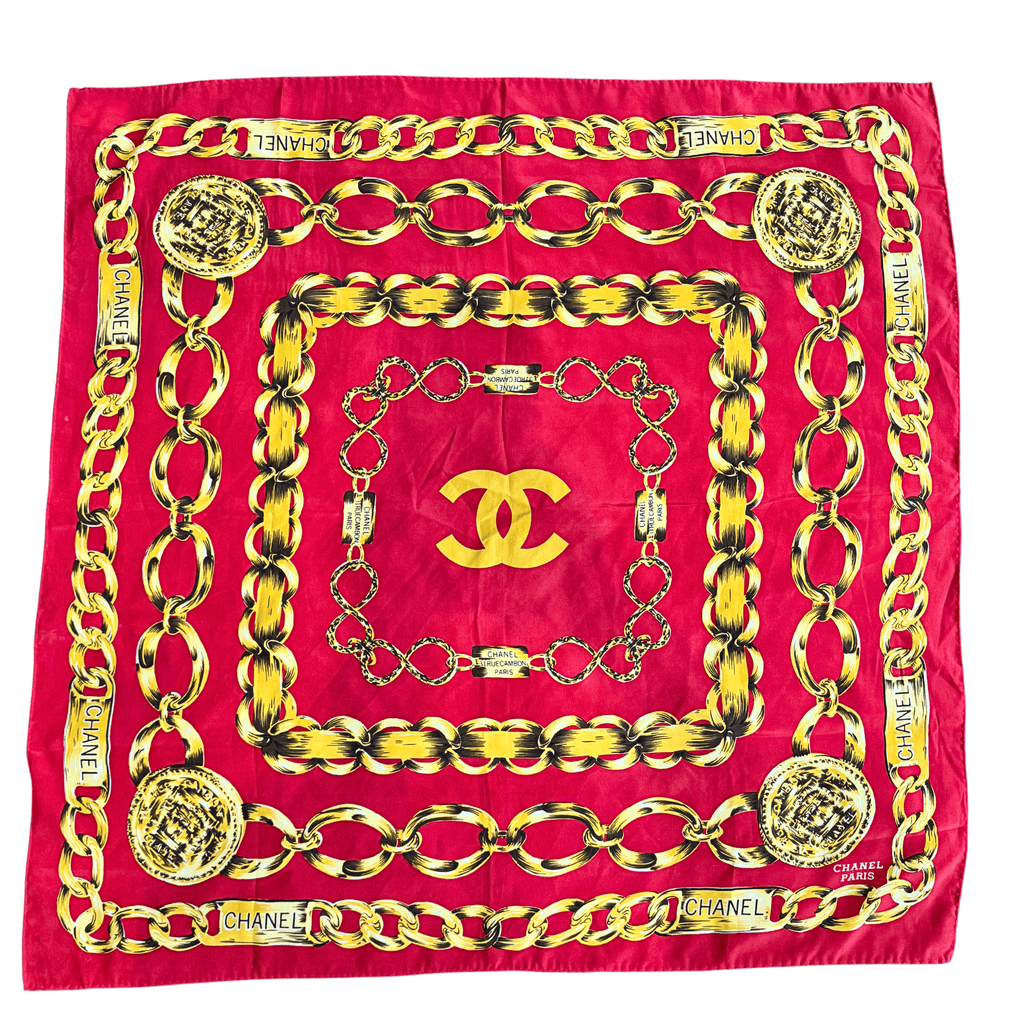 Chanel CC Red Gold Chain Motif Silk Scarf