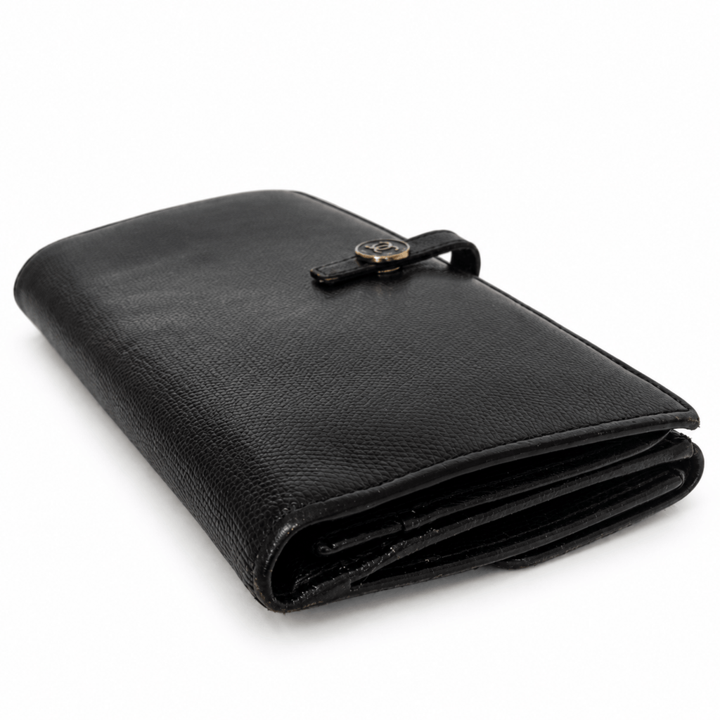 Chanel CC Button Black Leather Long Wallet