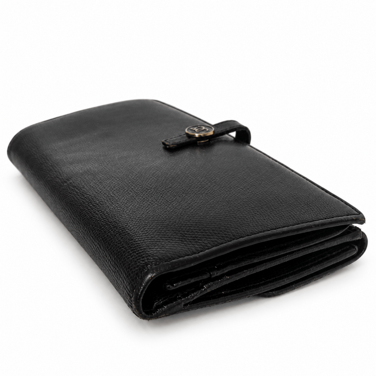 Chanel CC Button Black Leather Long Wallet