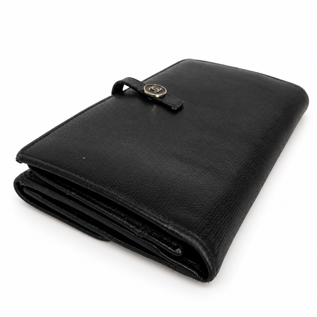 Chanel CC Button Black Leather Long Wallet