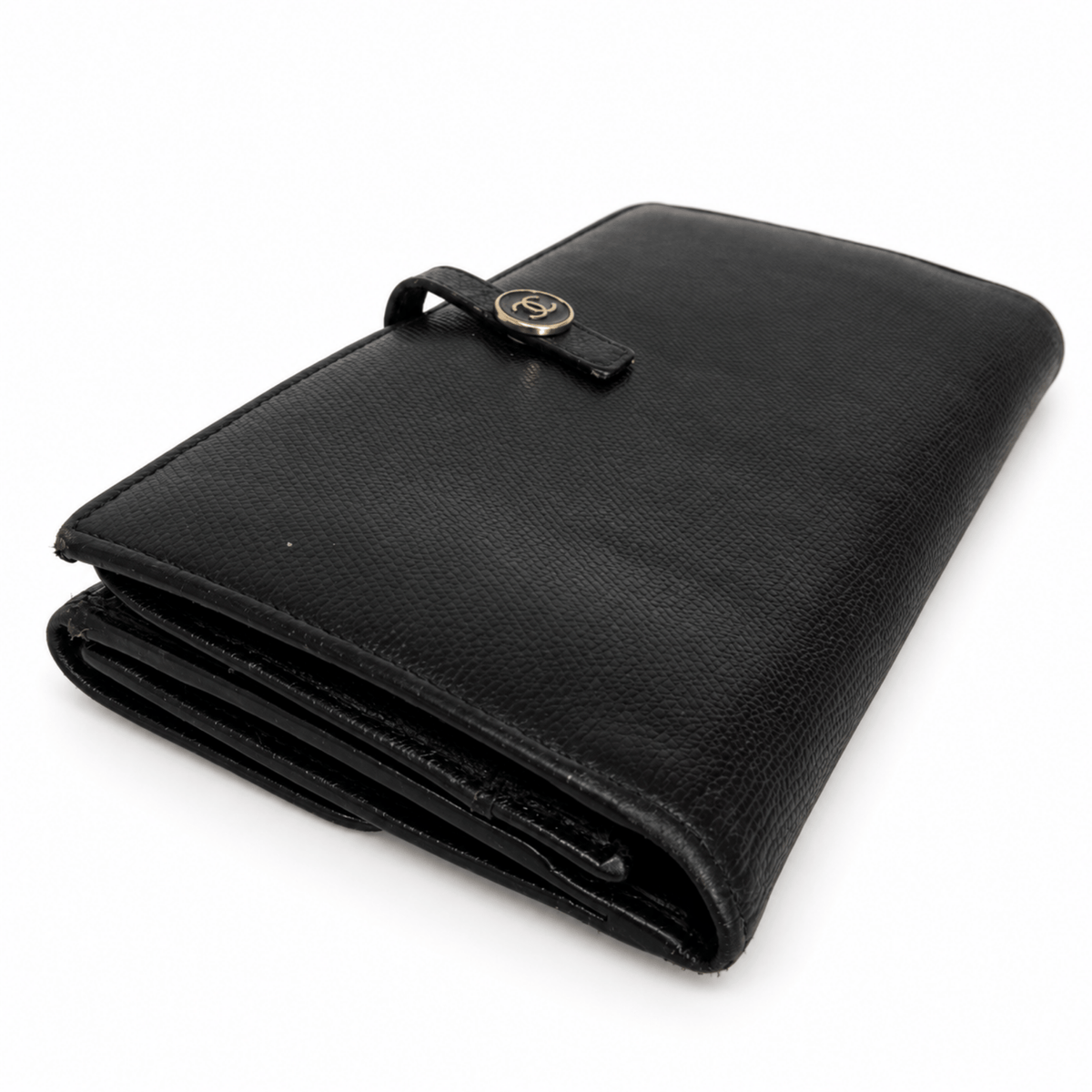Chanel CC Button Black Leather Long Wallet