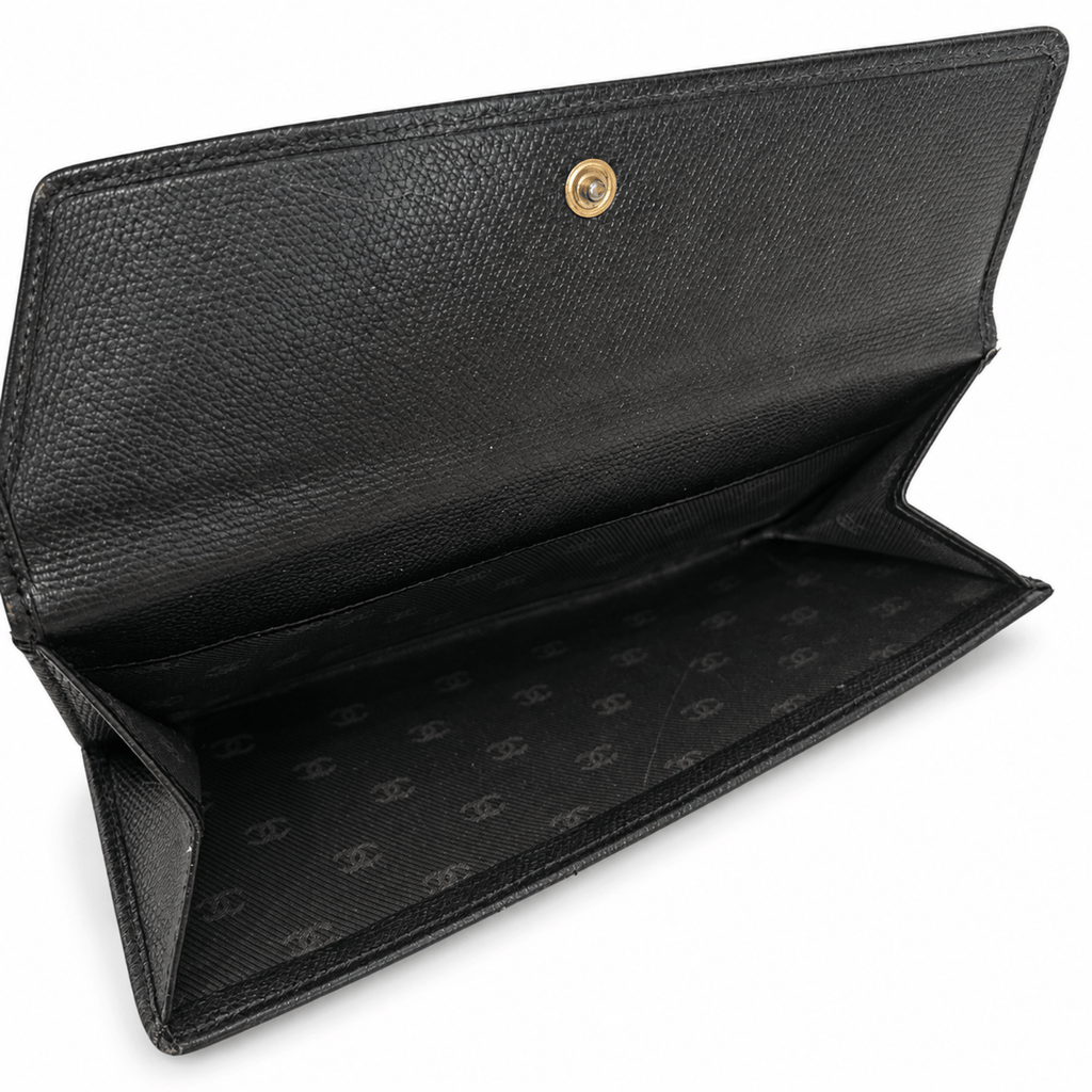 Chanel CC Button Black Leather Long Wallet