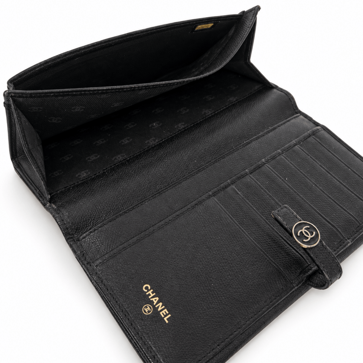 Chanel CC Button Black Leather Long Wallet