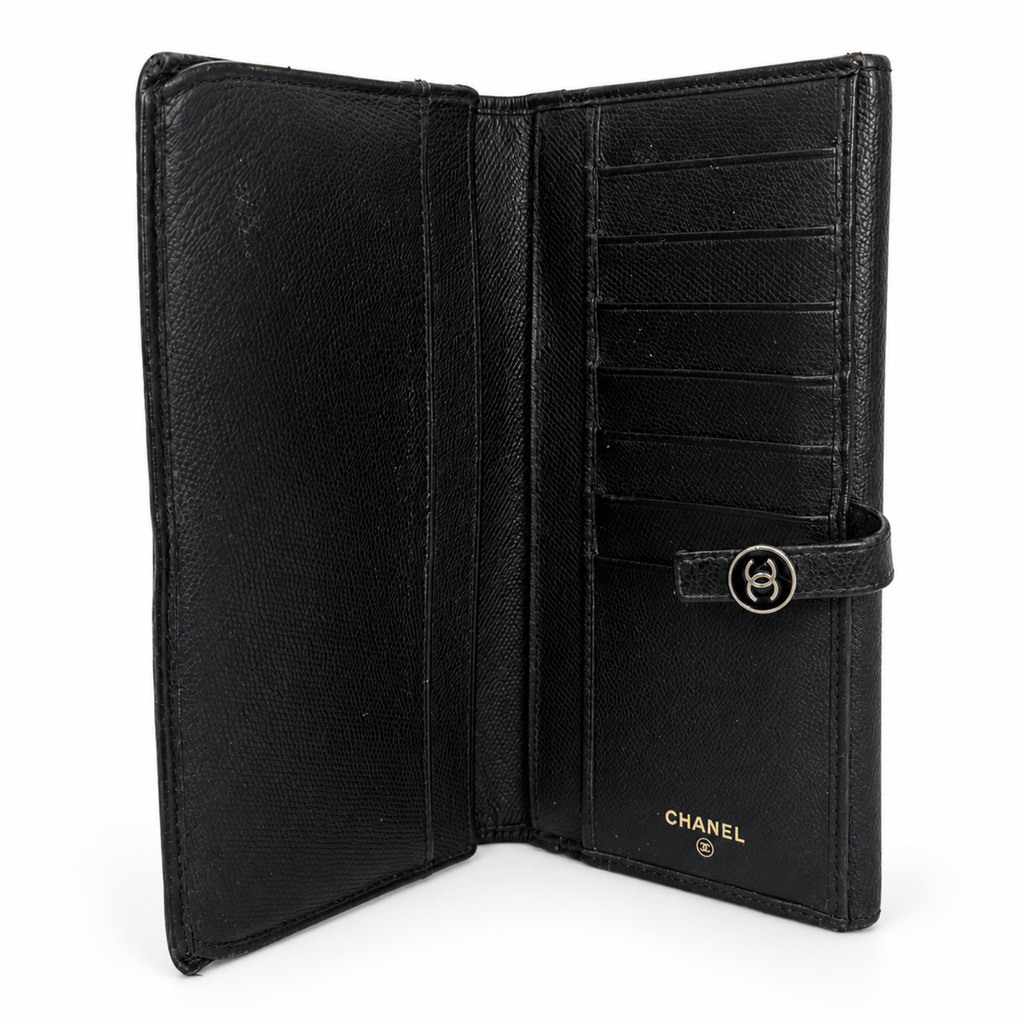 Chanel CC Button Black Leather Long Wallet