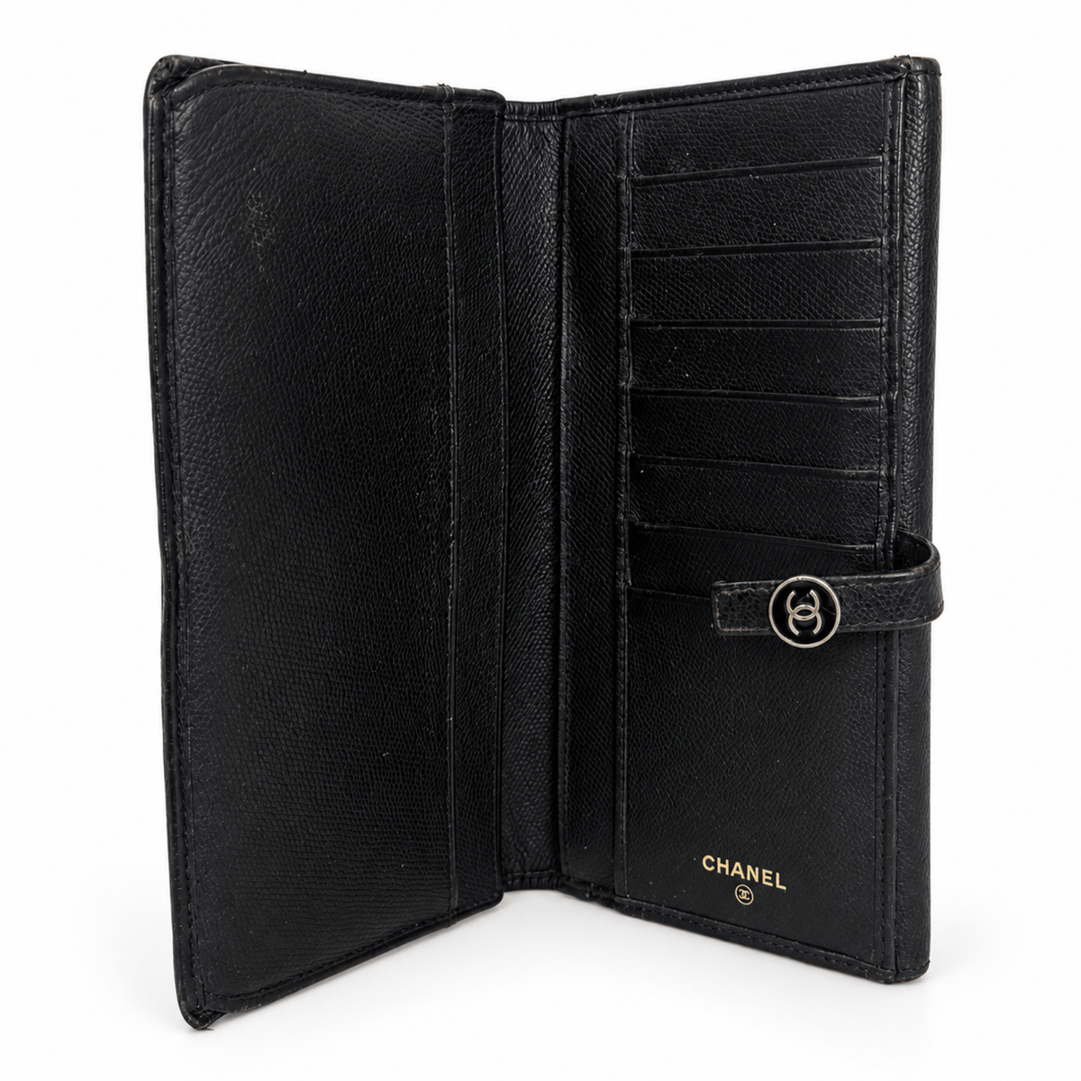 Chanel CC Button Black Leather Long Wallet