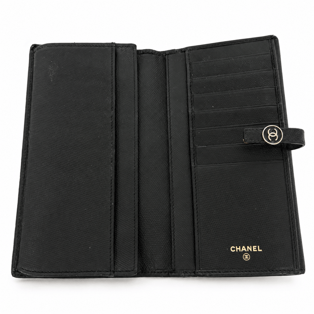 Chanel CC Button Black Leather Long Wallet