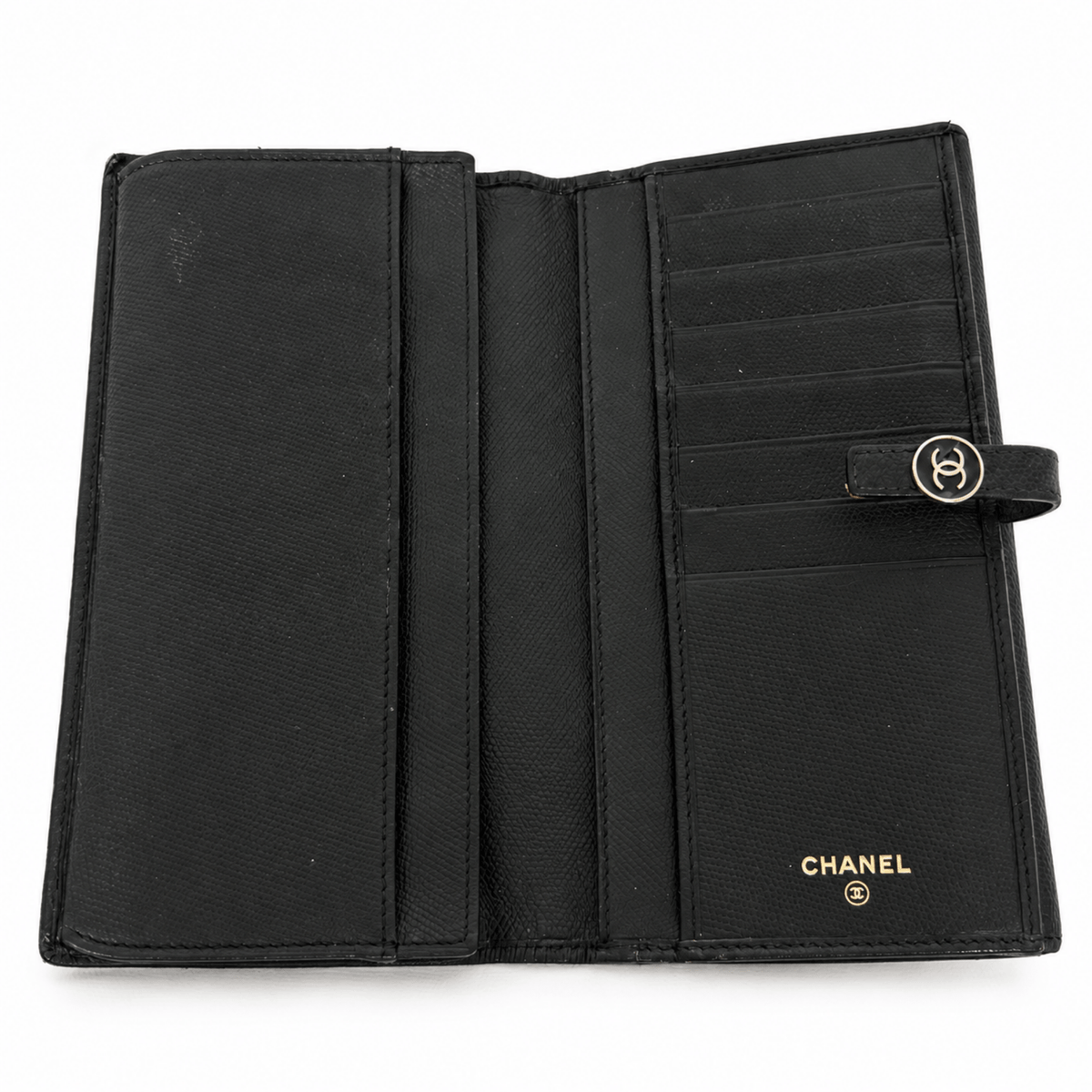 Chanel CC Button Black Leather Long Wallet