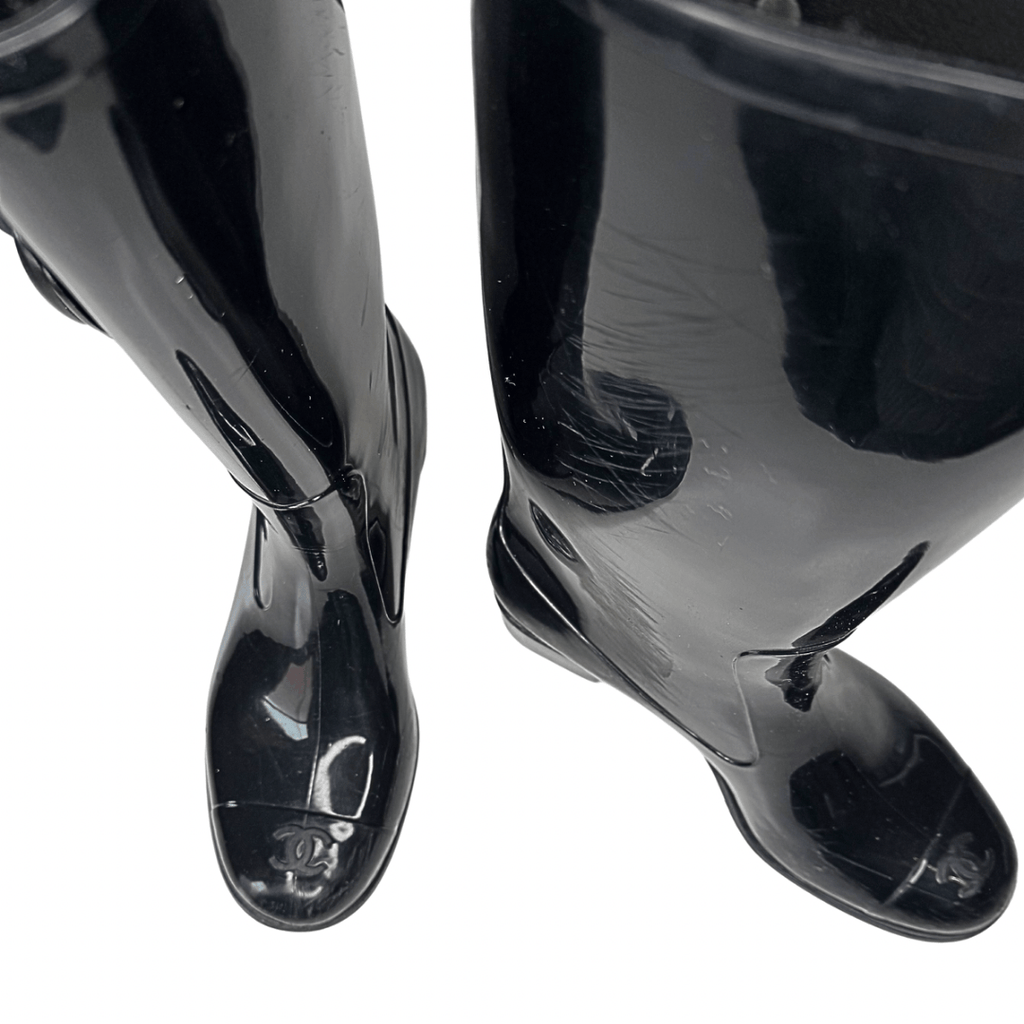 Chanel Black CC Rubber Camellia Flower Rain Boots 38