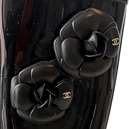 Chanel Black CC Rubber Camellia Flower Rain Boots 38