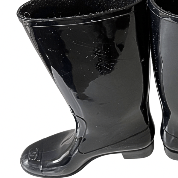 Chanel Black CC Rubber Camellia Flower Rain Boots 38