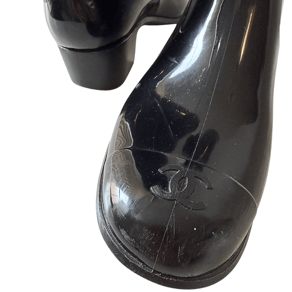 Chanel Black CC Rubber Camellia Flower Rain Boots 38