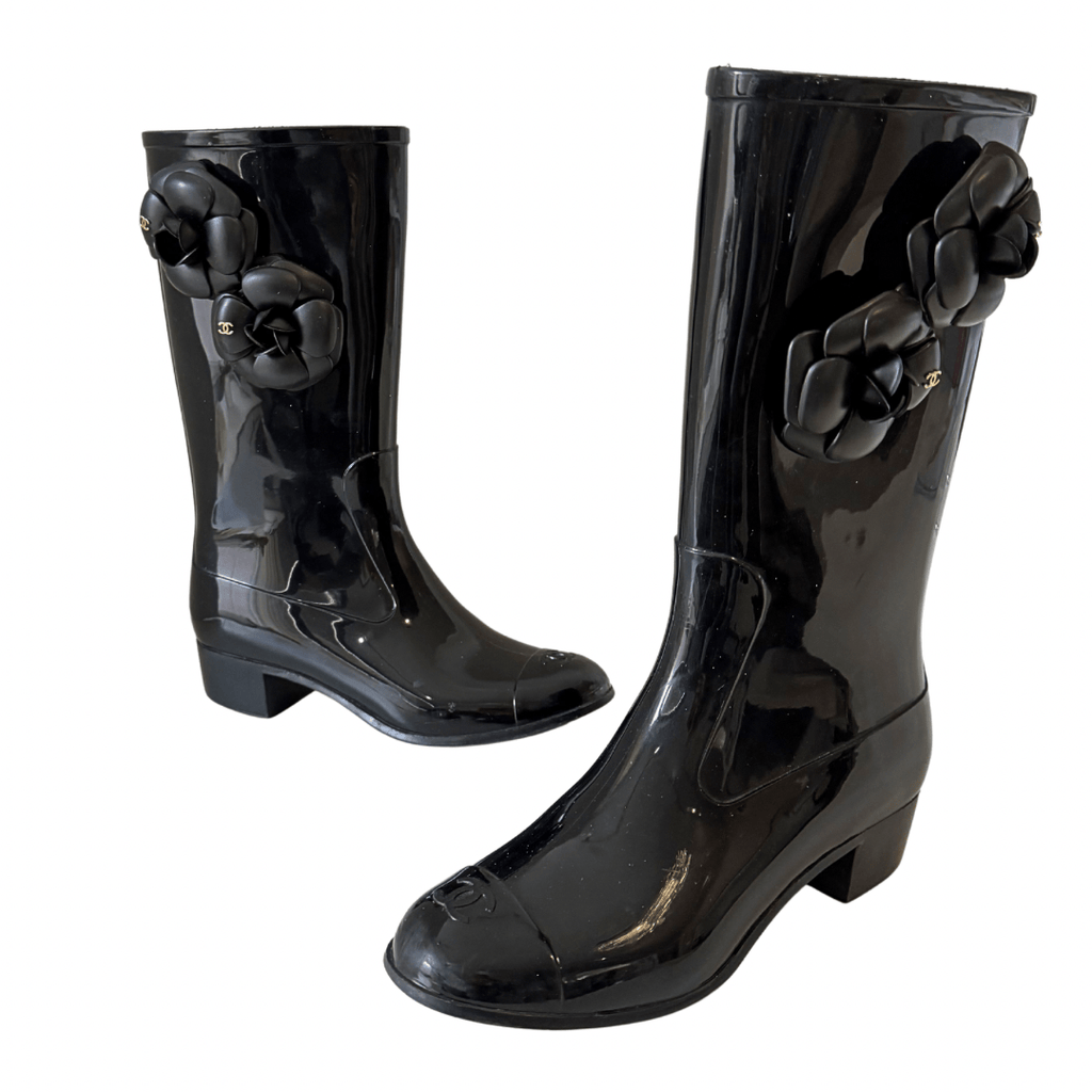 Chanel Black CC Rubber Camellia Flower Rain Boots 38