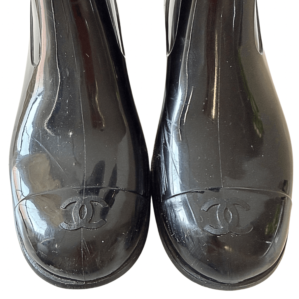Chanel Black CC Rubber Camellia Flower Rain Boots 38