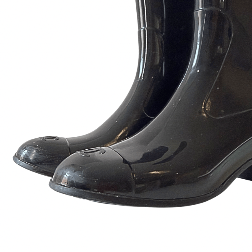 Chanel Black CC Rubber Camellia Flower Rain Boots 38