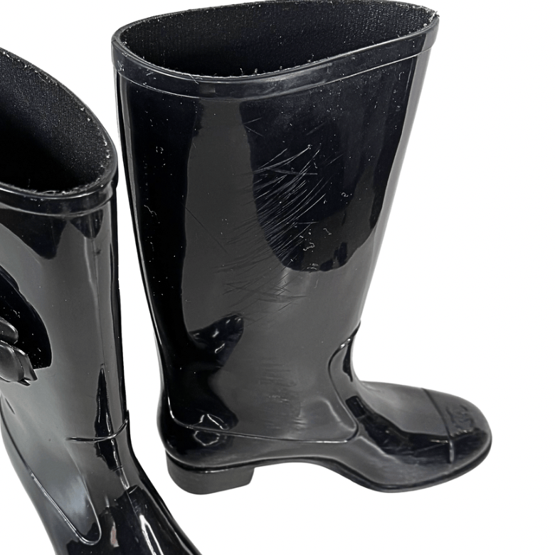 Chanel Black CC Rubber Camellia Flower Rain Boots 38