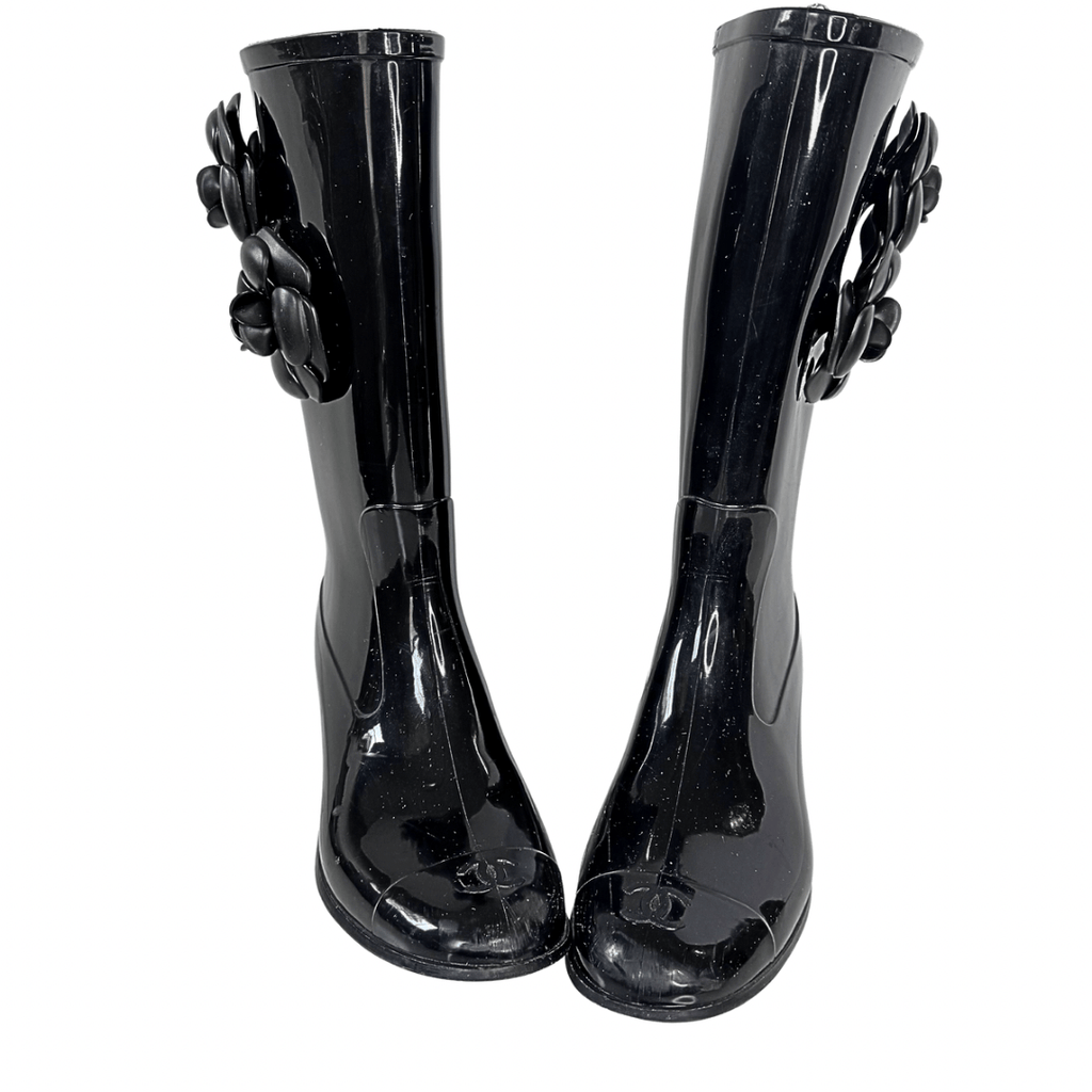 Chanel Black CC Rubber Camellia Flower Rain Boots 38