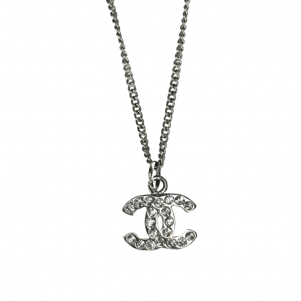 Chanel CC Strass Silver Pendant Necklace