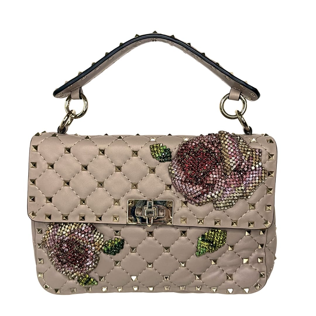 Valentino Rockstud Crystal Leather Top Handle Bag