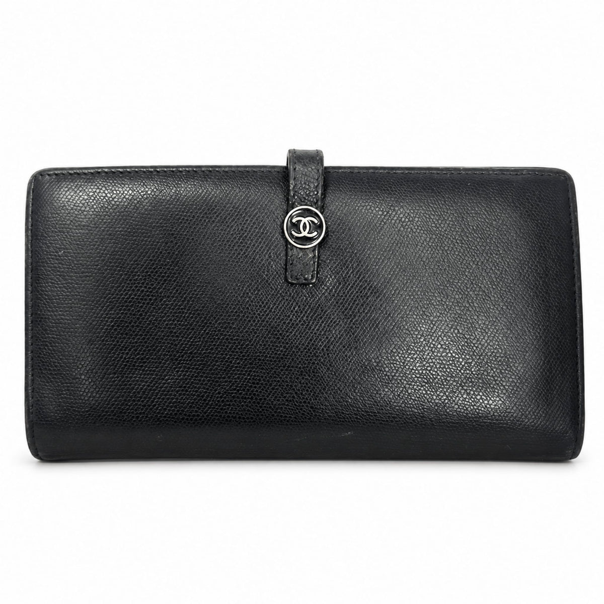 Chanel CC Button Black Leather Long Wallet