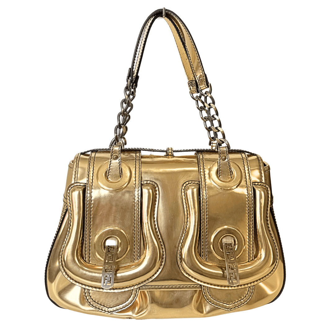 Fendi Gold Patent Leather B Buckle Handbag