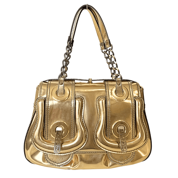 Fendi ロゴ入り ゴールド ハンドバッグ Fendi Gold Patent Leather B Buckle Handbag