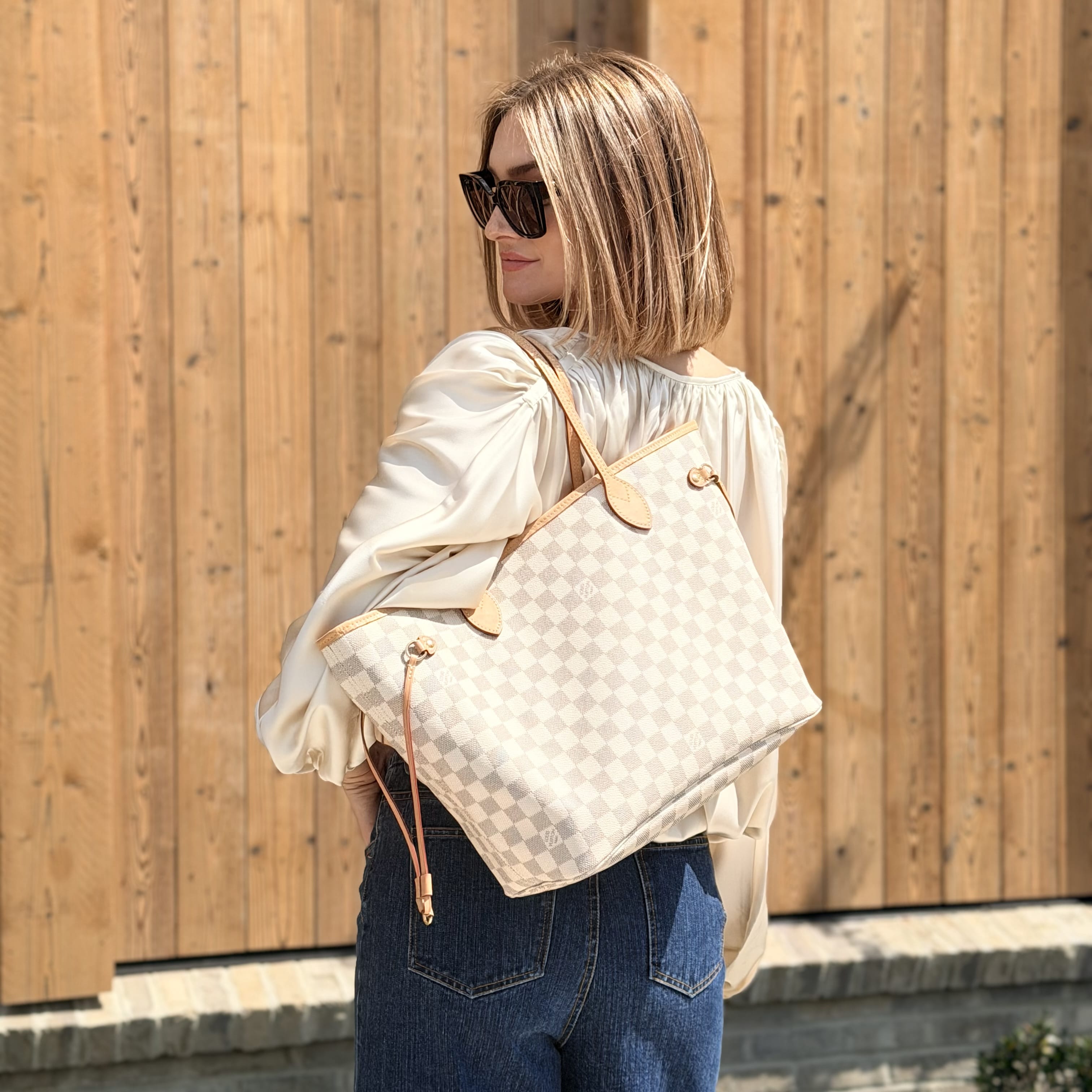 Louis Vuitton Damier Azur Neverfull and Pouch MM Rose