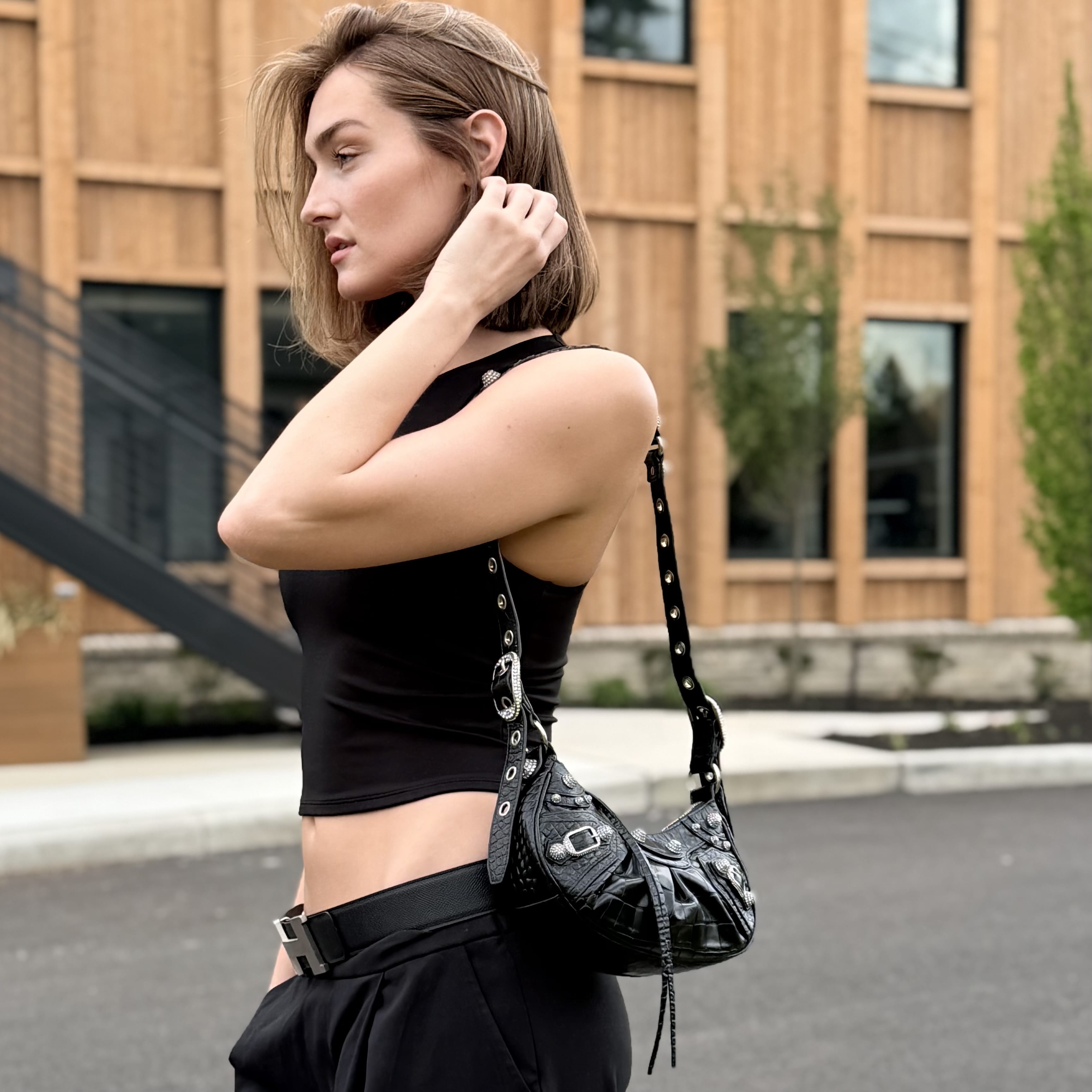 Balenciaga Croc Embossed Rhinestone XS Le Cagole Shoulder Bag