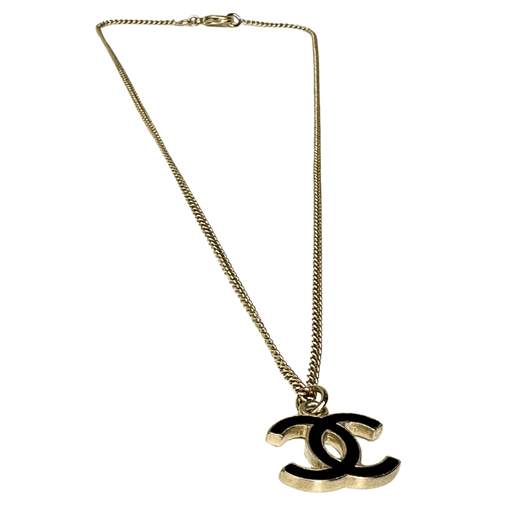 Chanel Black CC Enamel Pendant Gold Chain Necklace