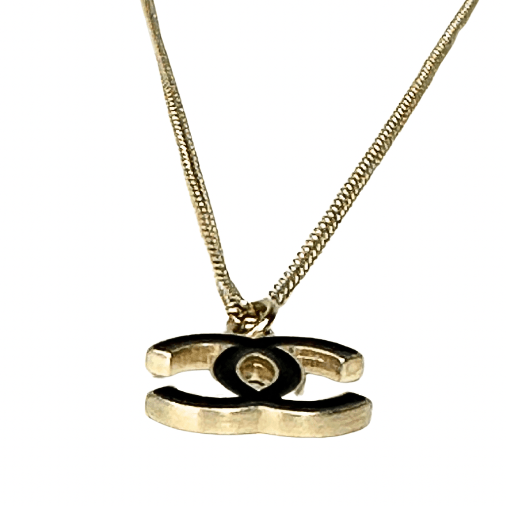 Chanel Black CC Enamel Pendant Gold Chain Necklace