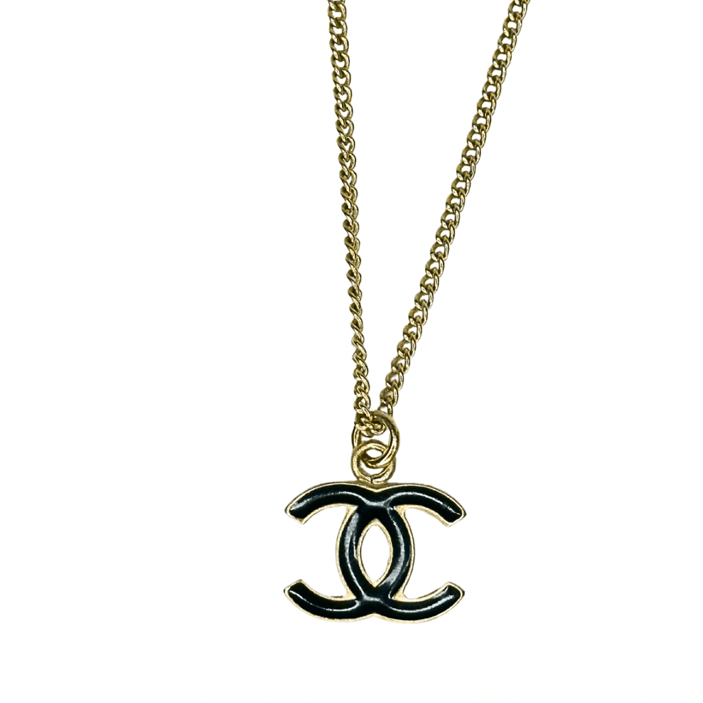 Chanel Black CC Enamel Pendant Gold Chain Necklace