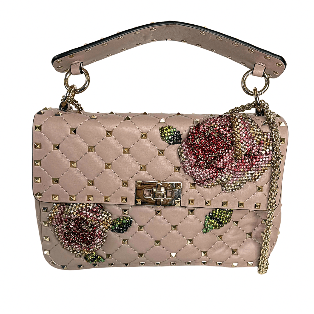 Valentino Rockstud Crystal Leather Top Handle Bag