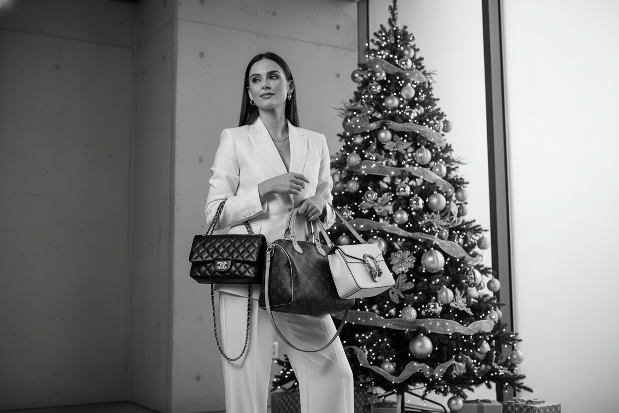 A woman modeling multiple luxury handbags like Chanel Louis vuitton and Gucci