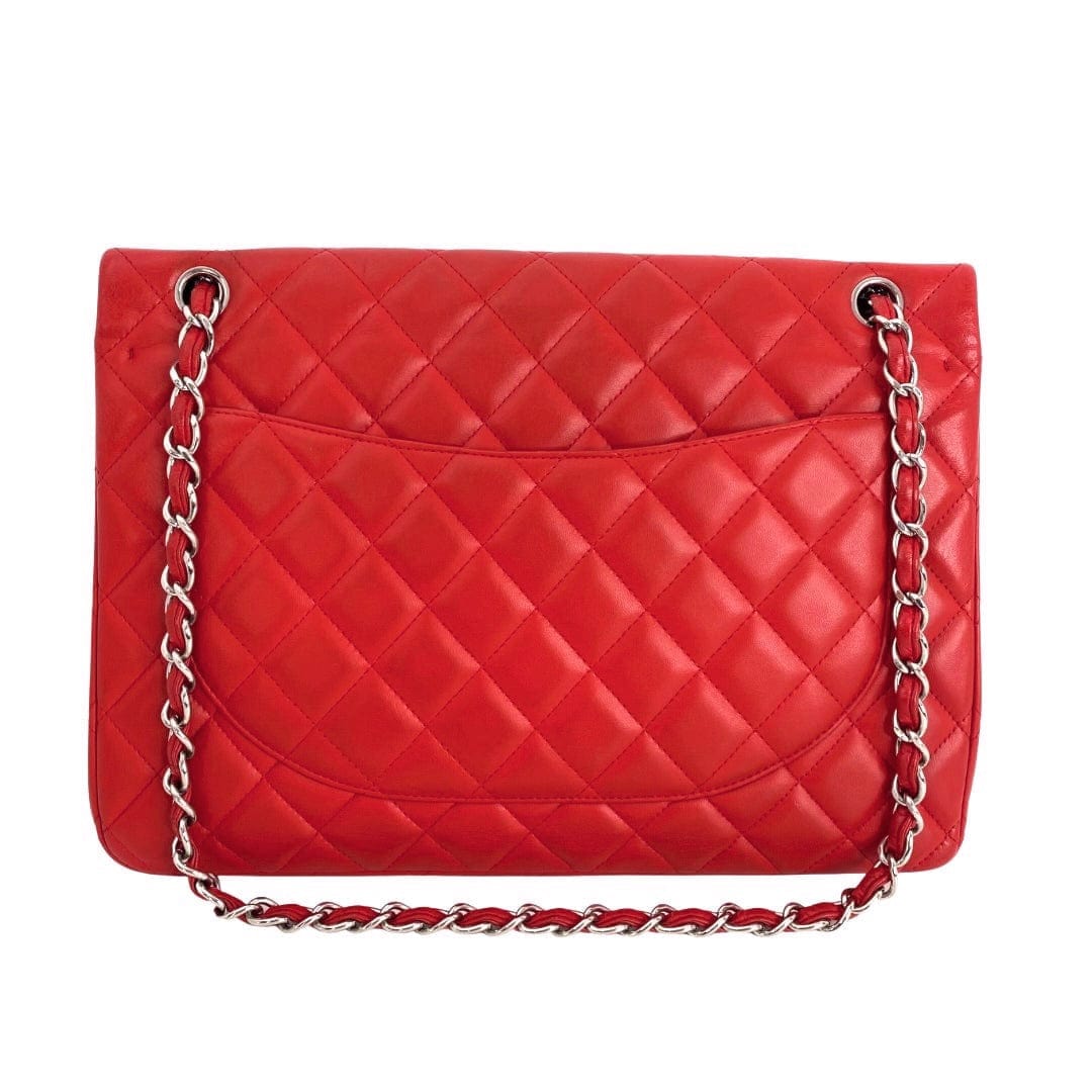 Chanel Classic Double Flap Quilted Caviar Silver-tone Jumbo Red - US