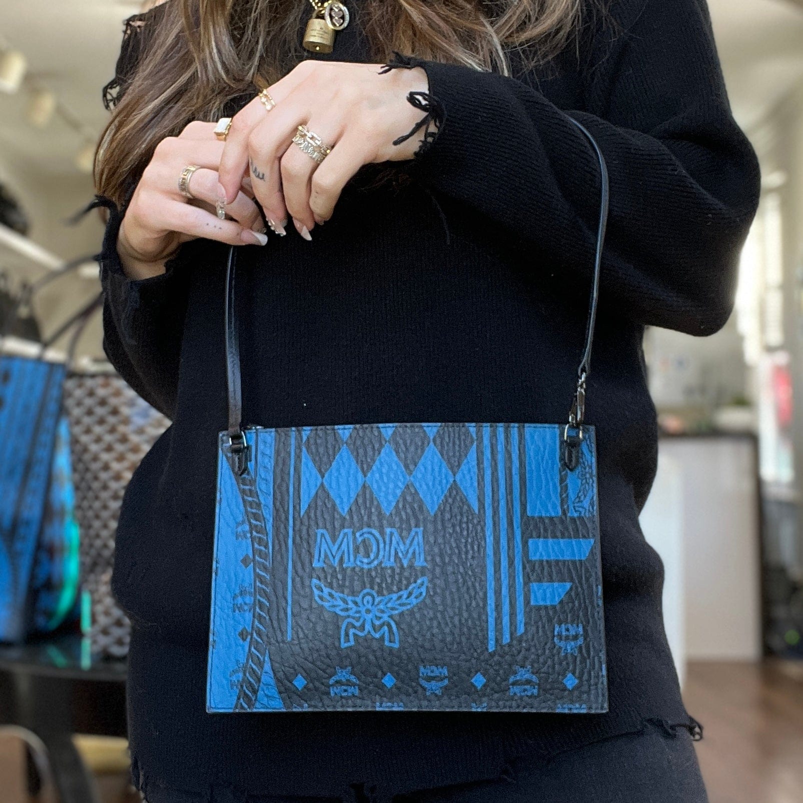 MCM, Bags, Authentic Mcm Kira Black And Blue Tote Bag